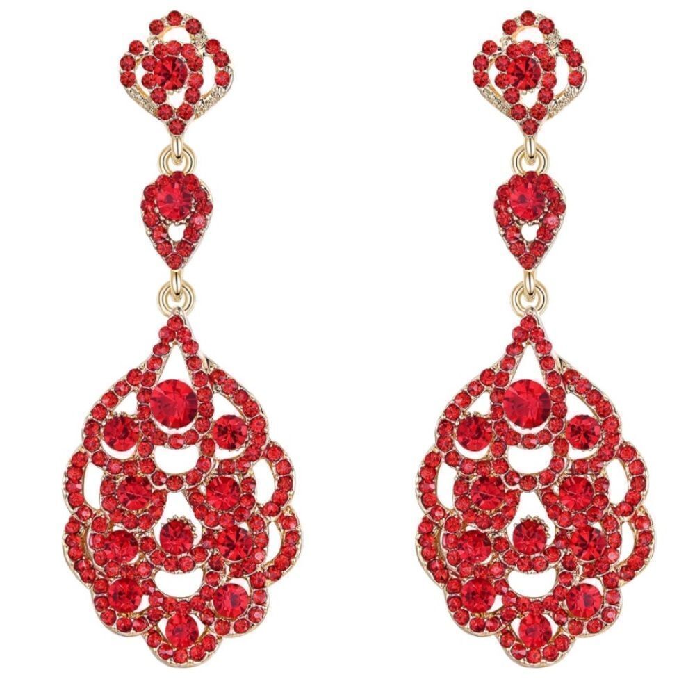 Yellow Gold with Ruby Red Austrian Crystal Dangling Chandelier Clip On Earrings